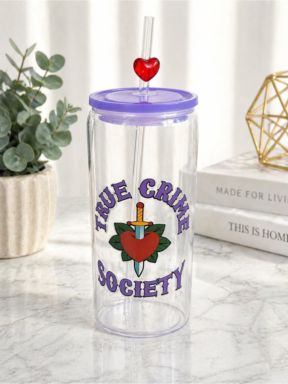 True Crime Society Purple Tumbler with Heart Straw